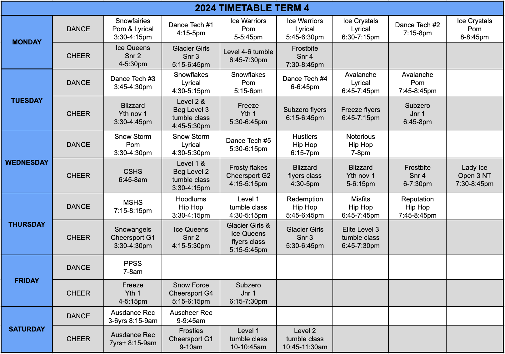 2025 Term 4 timetable