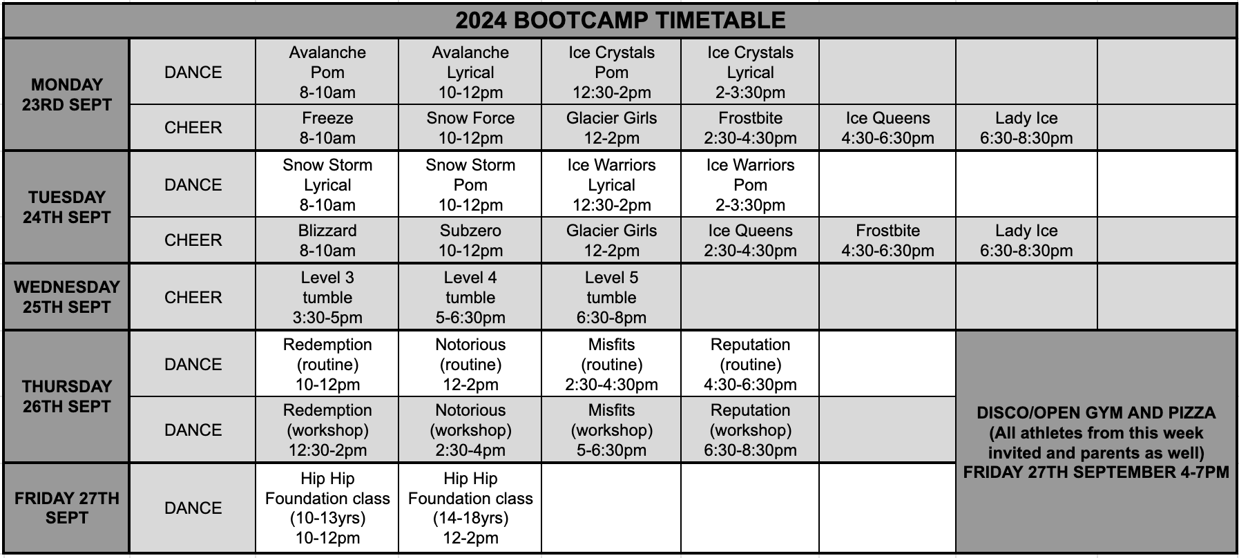 2024 Bootcamp schedule