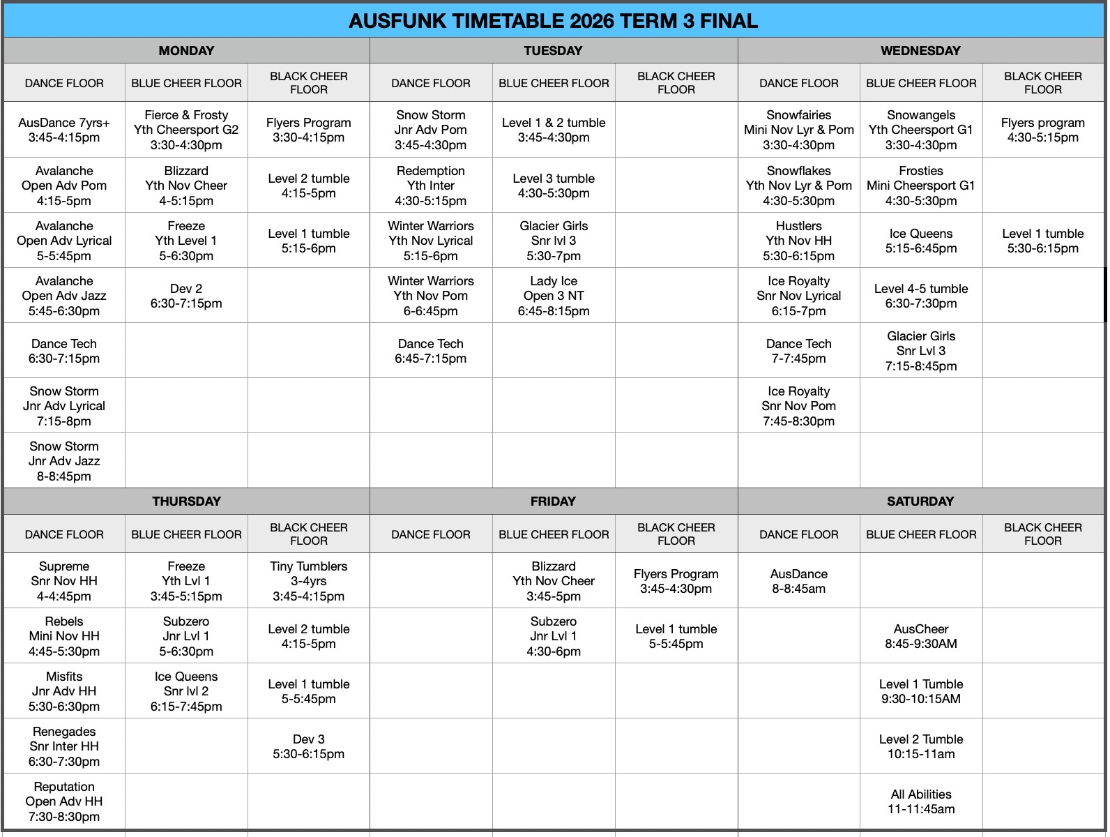 Term 3 Timetable