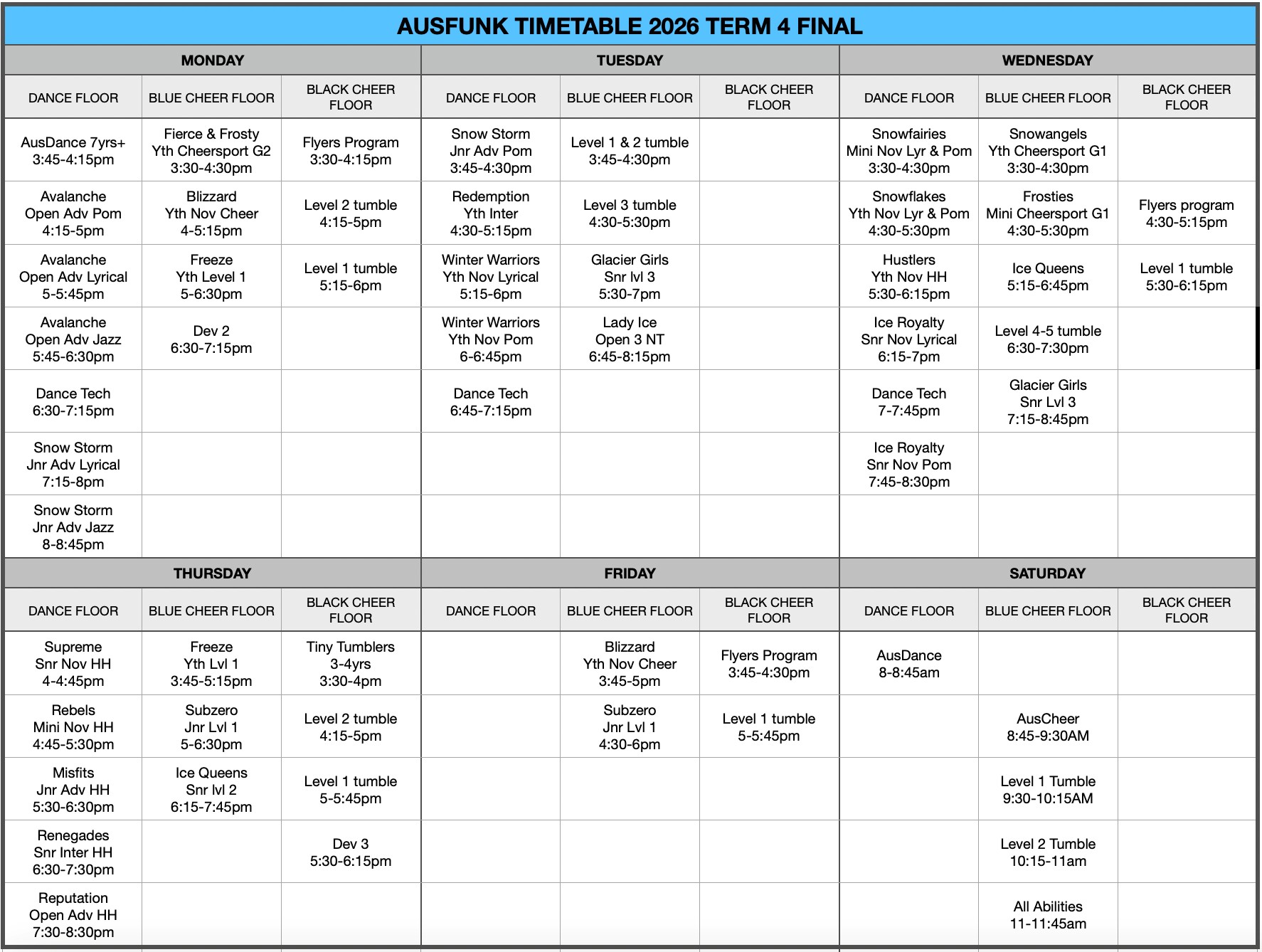 Term 3 Timetable